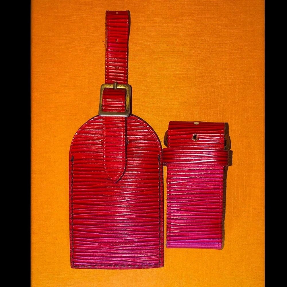 LOUIS VUITTON Red Epi Leather Luggage Tag and Poignet Sets